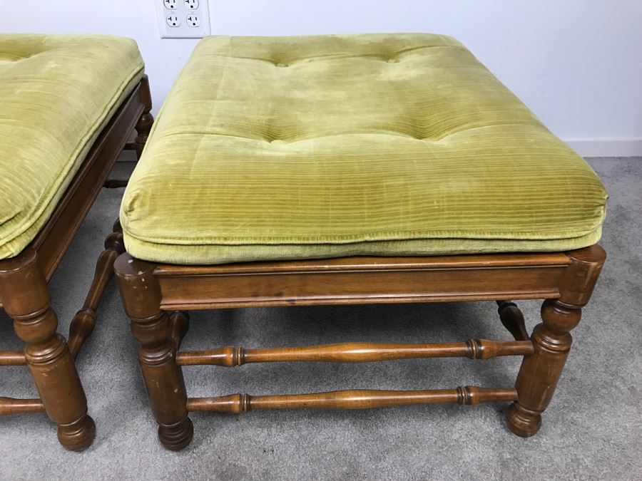 Pair Of Vintage Wooden Stools With Upholstered Seats [Photo 5]
