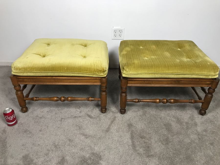 Pair Of Vintage Wooden Stools With Upholstered Seats [Photo 12]