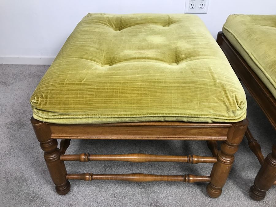 Pair Of Vintage Wooden Stools With Upholstered Seats [Photo 4]