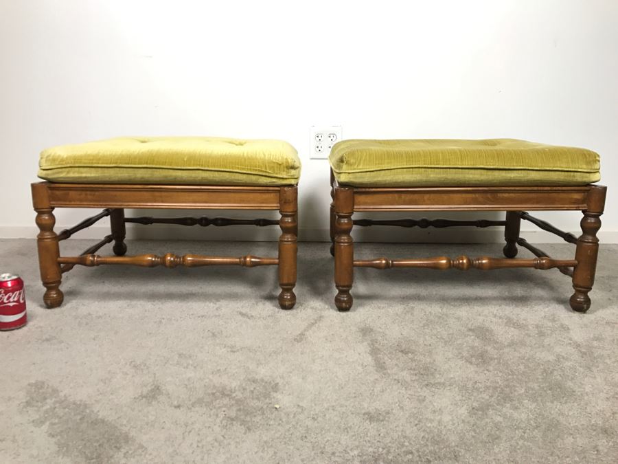 Pair Of Vintage Wooden Stools With Upholstered Seats [Photo 10]
