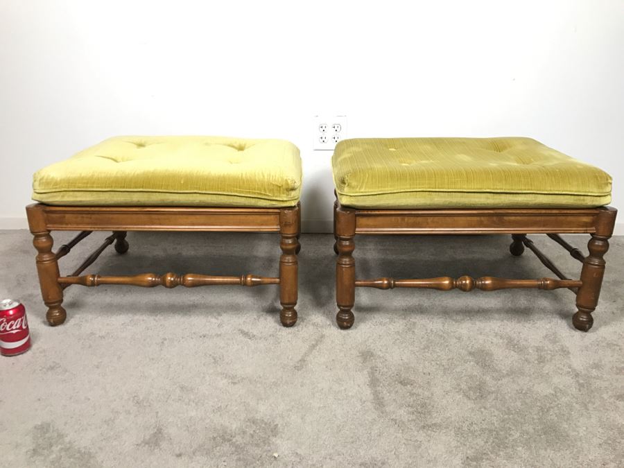 Pair Of Vintage Wooden Stools With Upholstered Seats [Photo 9]