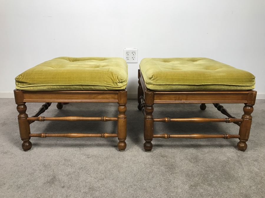 Pair Of Vintage Wooden Stools With Upholstered Seats [Photo 2]