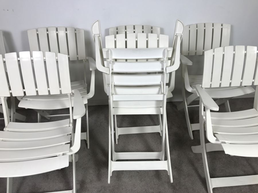 Set Of (8) White Folding Chairs By Grosfillex From France - Note That One Chair Has Some Wear On Sides [Photo 8]