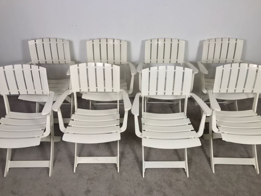 Set Of (8) White Folding Chairs By Grosfillex From France - Note That One Chair Has Some Wear On Sides [Photo 5]