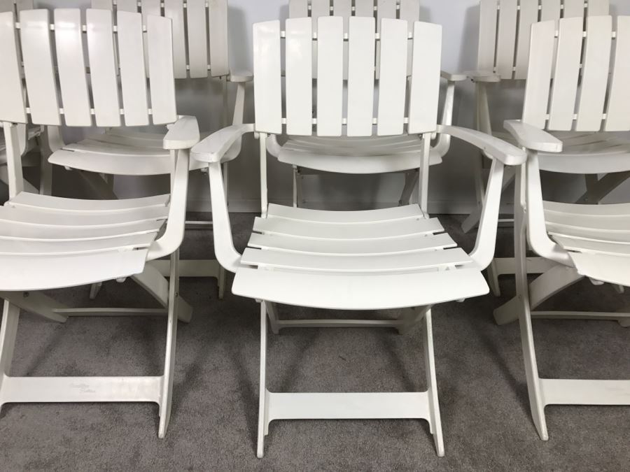 Set Of (8) White Folding Chairs By Grosfillex From France - Note That One Chair Has Some Wear On Sides [Photo 4]