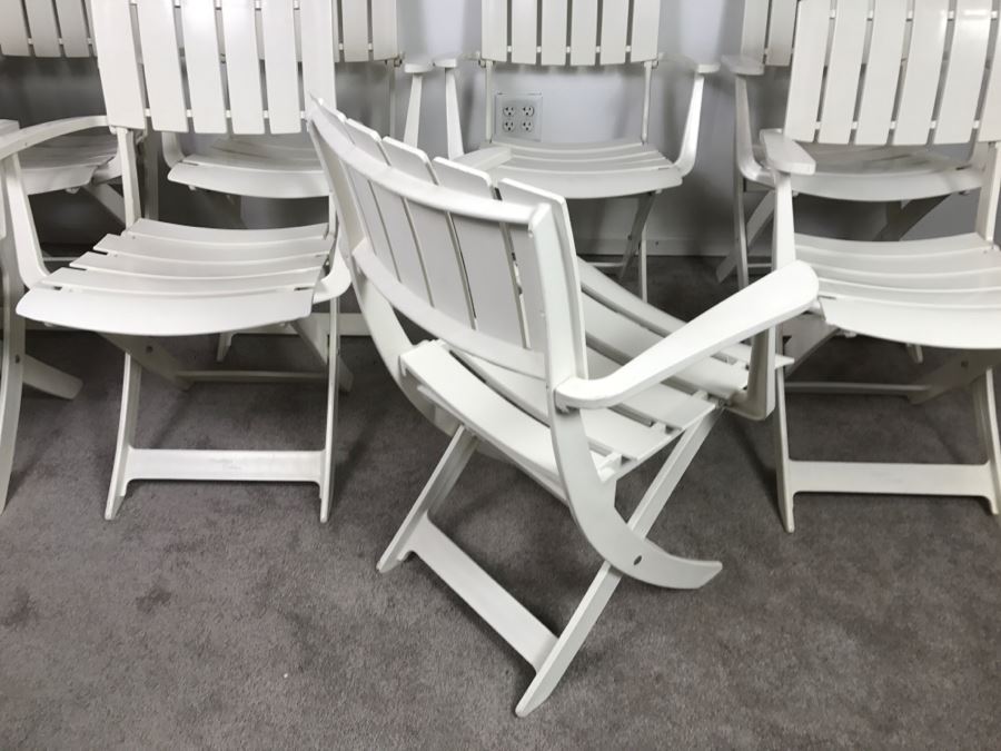 Set Of (8) White Folding Chairs By Grosfillex From France - Note That One Chair Has Some Wear On Sides [Photo 7]