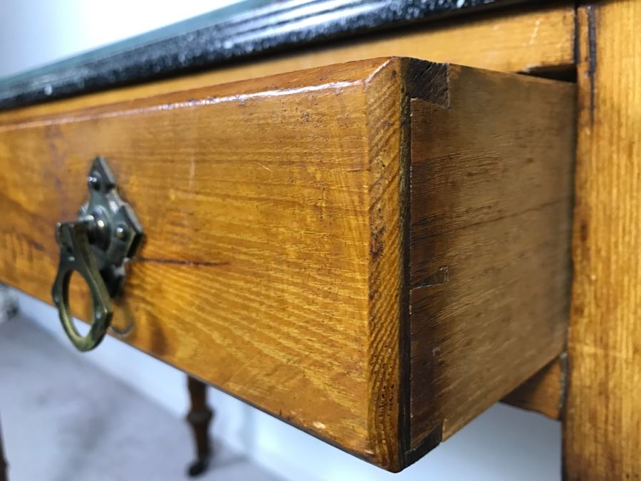 Antique Desk With Faux Marble Wooden Desk Top - Note That One Of The Drawers Needs Repair [Photo 12]