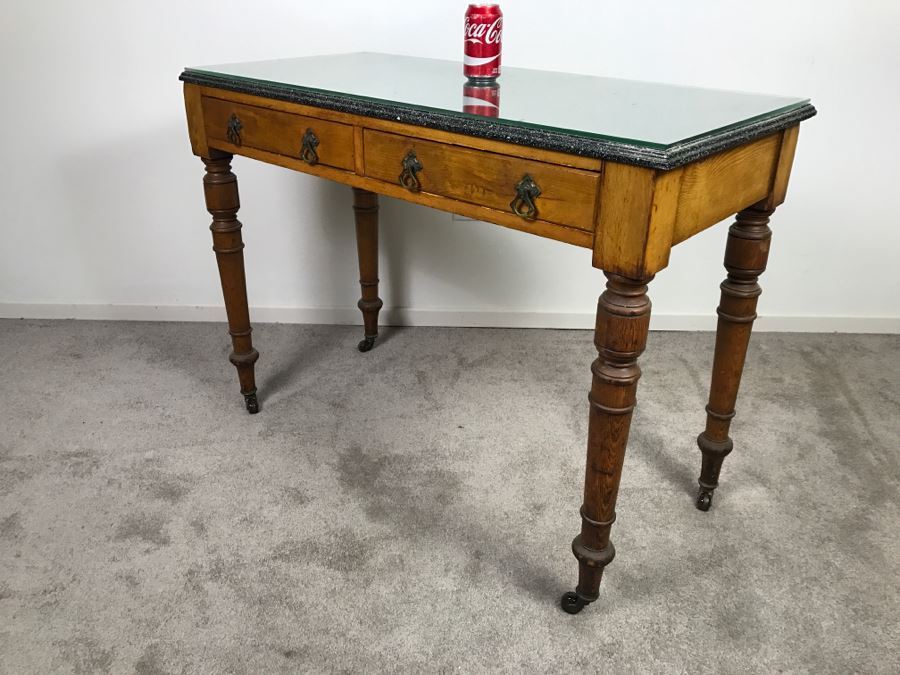 Antique Desk With Faux Marble Wooden Desk Top - Note That One Of The Drawers Needs Repair [Photo 18]