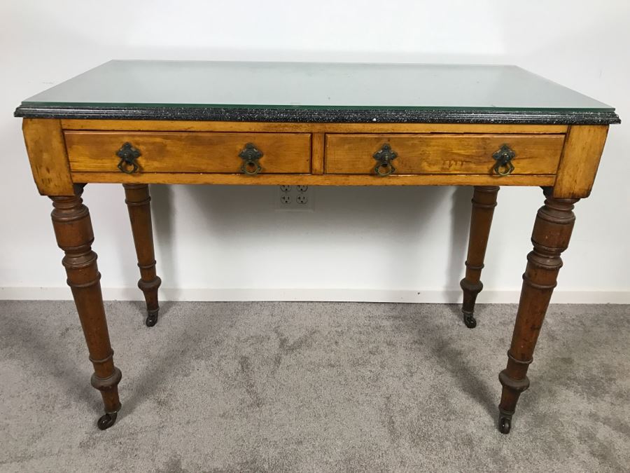 Antique Desk With Faux Marble Wooden Desk Top - Note That One Of The Drawers Needs Repair