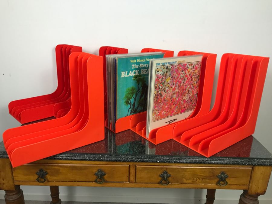 Set Of (6) Mid Century Orange Vinyl Record Magazine Holders Racks - Records Not Included [Photo 5]