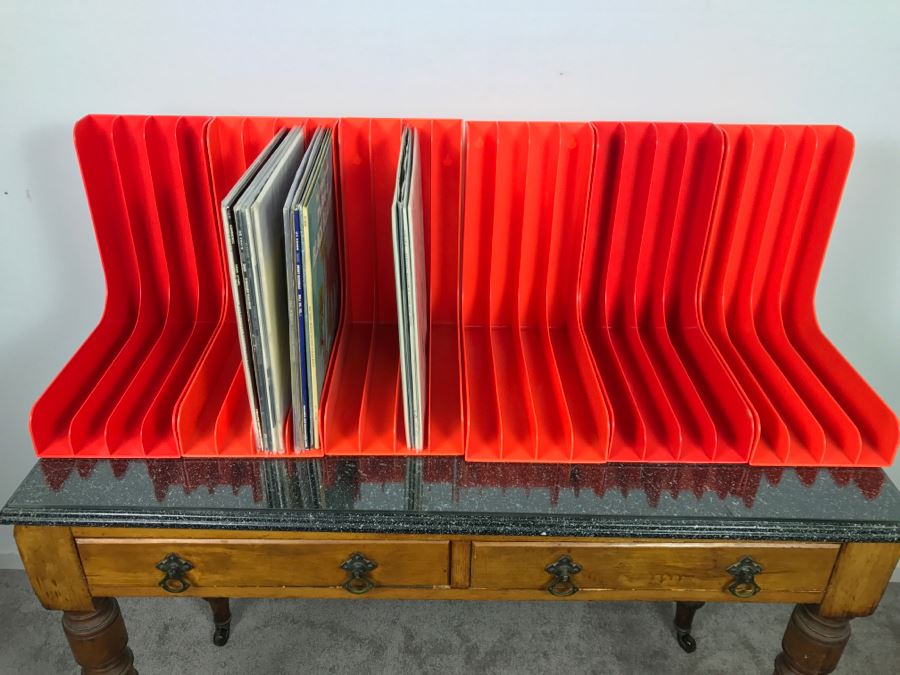 Set Of (6) Mid Century Orange Vinyl Record Magazine Holders Racks - Records Not Included [Photo 4]