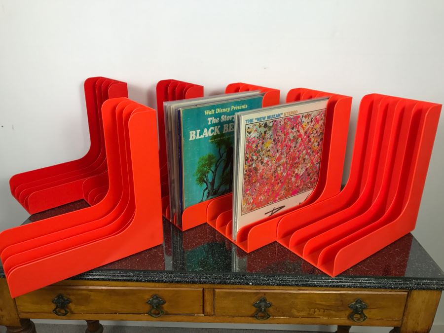 Set Of (6) Mid Century Orange Vinyl Record Magazine Holders Racks - Records Not Included [Photo 8]