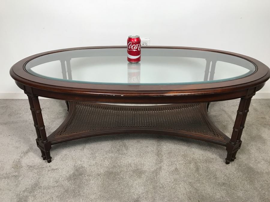 Vintage Hollywood Regency Glass Top Cane Bottom Bamboo Motif Oval Coffee Table [Photo 1]