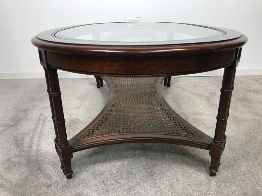 Vintage Hollywood Regency Glass Top Cane Bottom Bamboo Motif Oval Coffee Table [Photo 7]