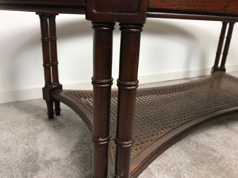 Vintage Hollywood Regency Glass Top Cane Bottom Bamboo Motif Oval Coffee Table [Photo 5]