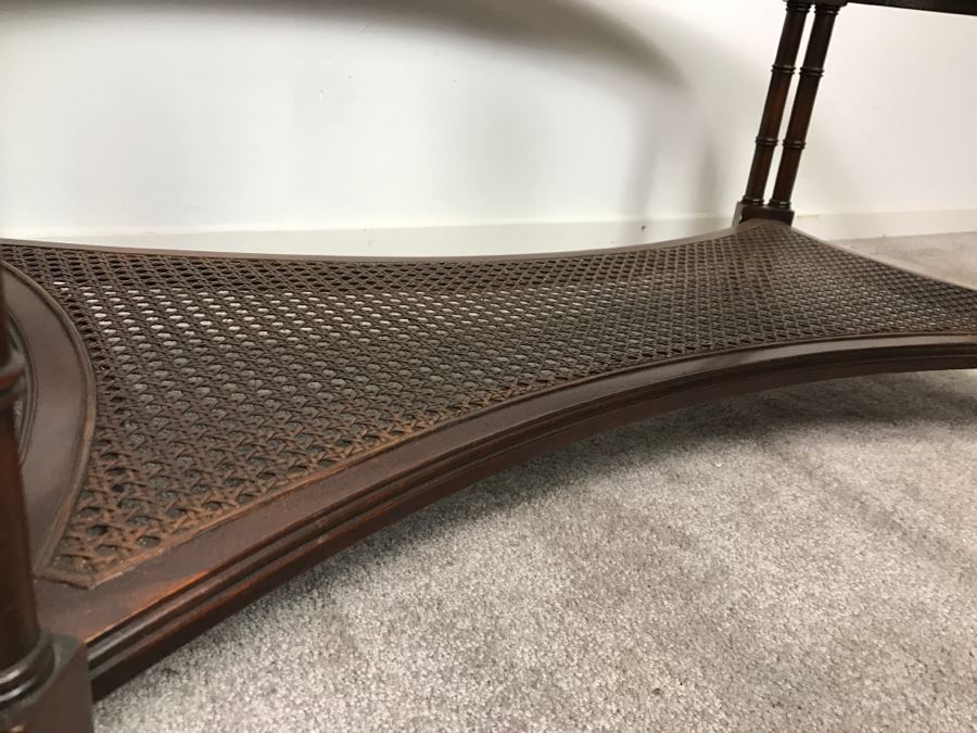 Vintage Hollywood Regency Glass Top Cane Bottom Bamboo Motif Oval Coffee Table [Photo 6]