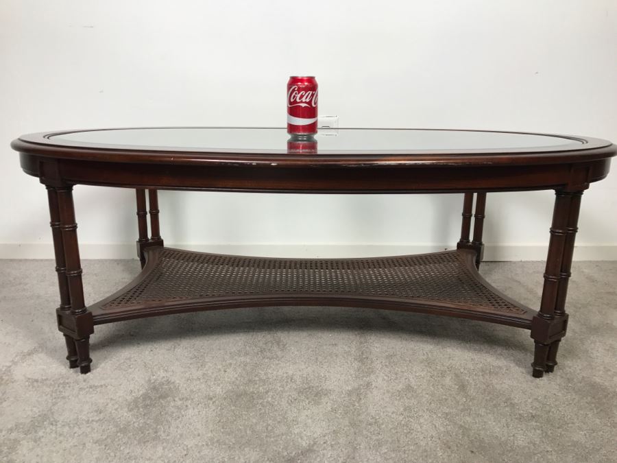 Vintage Hollywood Regency Glass Top Cane Bottom Bamboo Motif Oval Coffee Table [Photo 3]