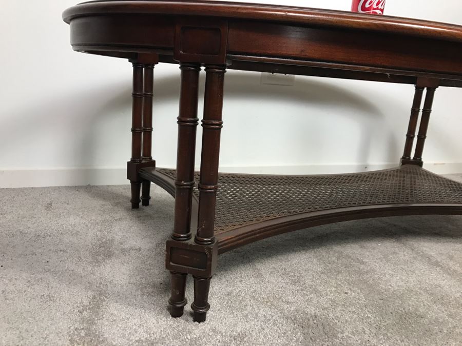 Vintage Hollywood Regency Glass Top Cane Bottom Bamboo Motif Oval Coffee Table [Photo 4]