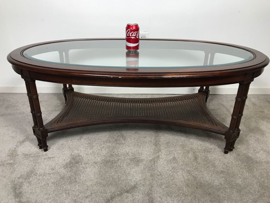 Vintage Hollywood Regency Glass Top Cane Bottom Bamboo Motif Oval Coffee Table [Photo 2]
