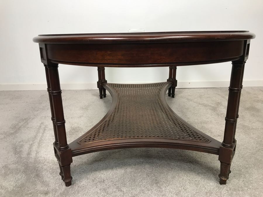 Vintage Hollywood Regency Glass Top Cane Bottom Bamboo Motif Oval Coffee Table [Photo 9]