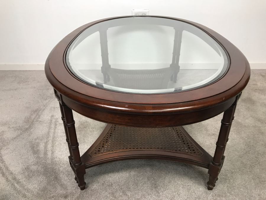 Vintage Hollywood Regency Glass Top Cane Bottom Bamboo Motif Oval Coffee Table [Photo 8]