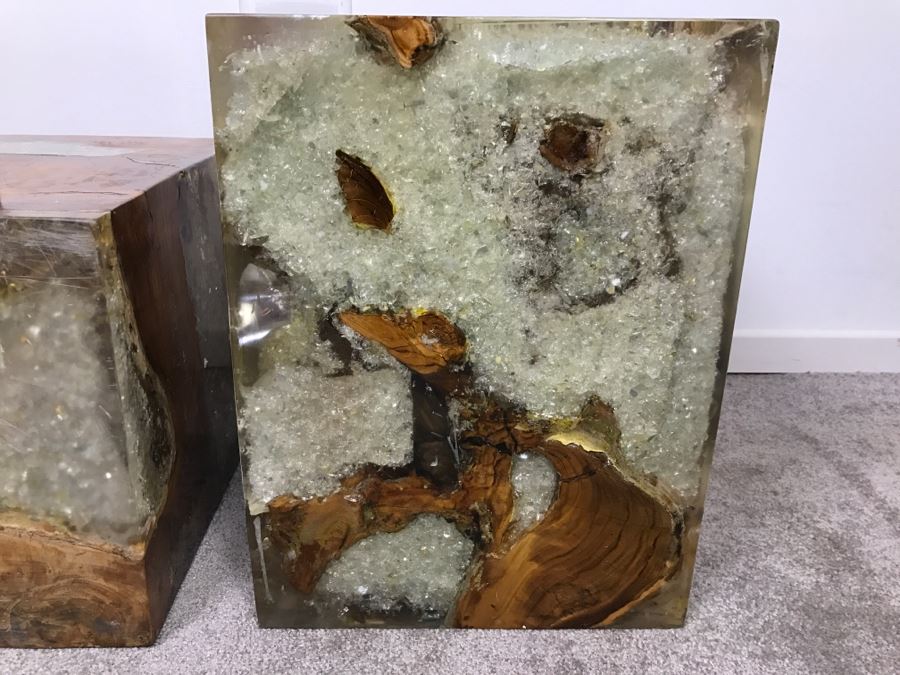 Pair Of Stunning Designer Natural Wood With Crystals Resin Cube Stools Side Tables - This Item Has A Reserve [Photo 23]