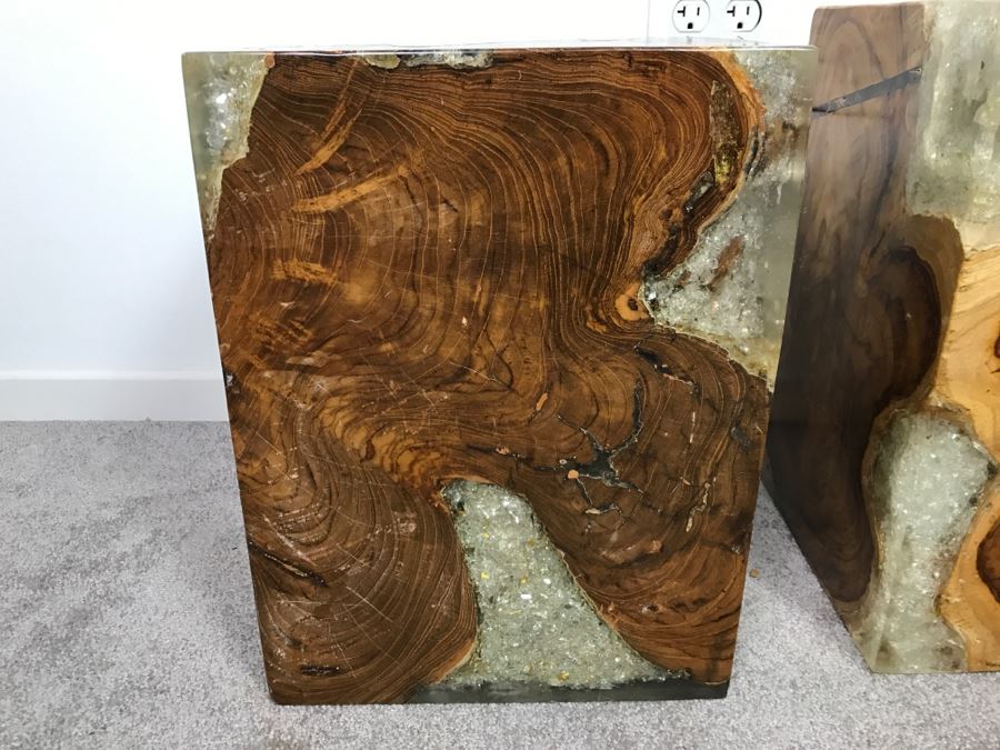 Pair Of Stunning Designer Natural Wood With Crystals Resin Cube Stools Side Tables - This Item Has A Reserve [Photo 13]