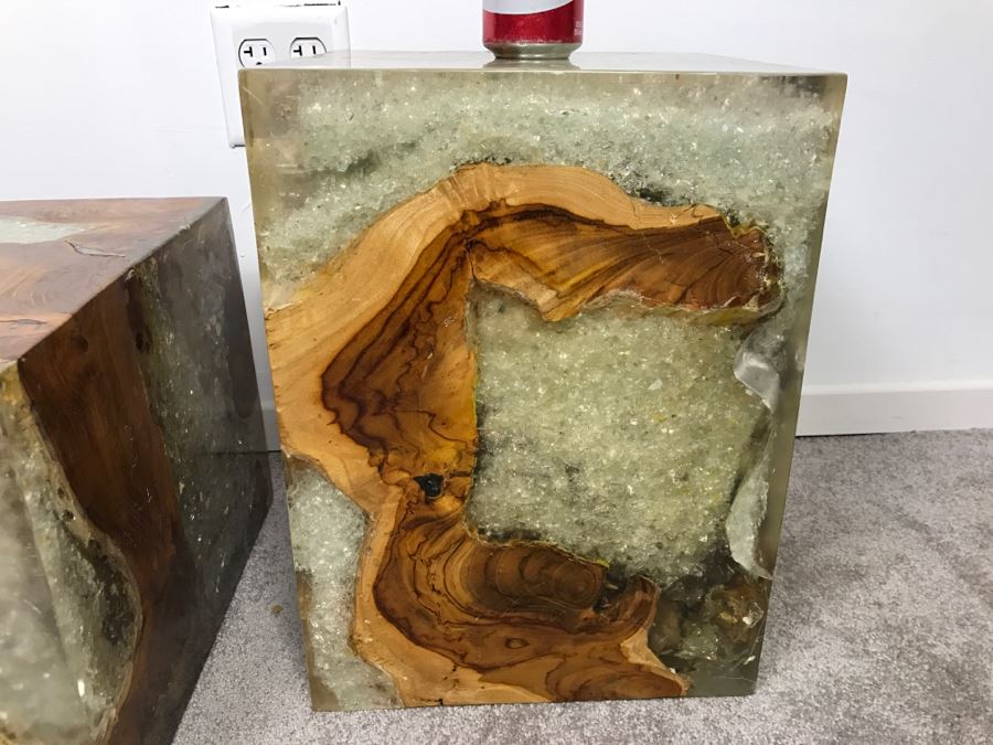 Pair Of Stunning Designer Natural Wood With Crystals Resin Cube Stools Side Tables - This Item Has A Reserve [Photo 17]