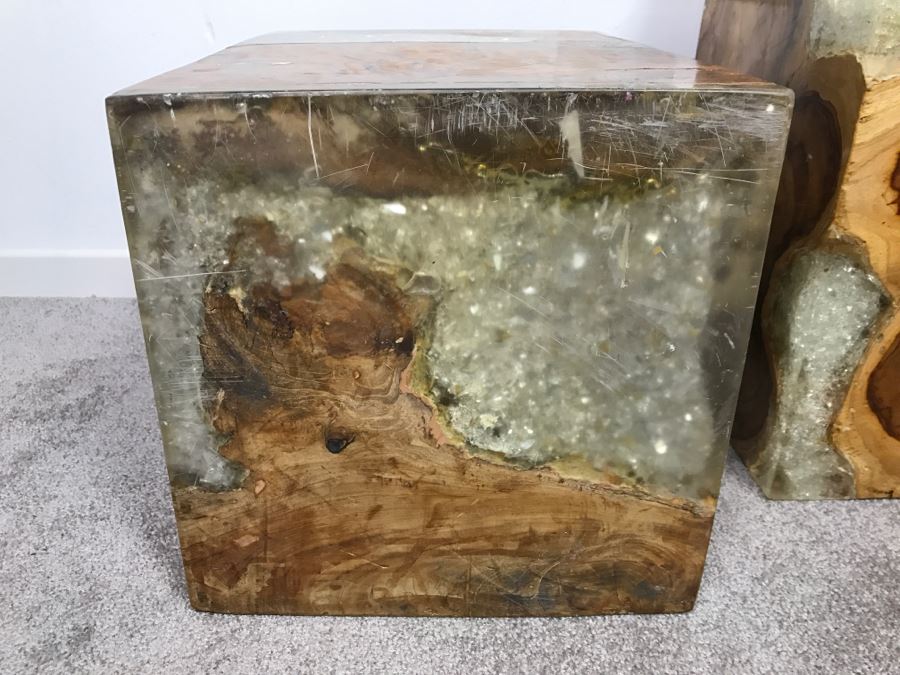 Pair Of Stunning Designer Natural Wood With Crystals Resin Cube Stools Side Tables - This Item Has A Reserve [Photo 16]