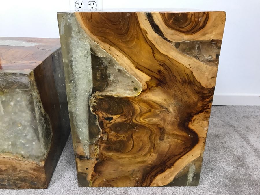 Pair Of Stunning Designer Natural Wood With Crystals Resin Cube Stools Side Tables - This Item Has A Reserve [Photo 21]