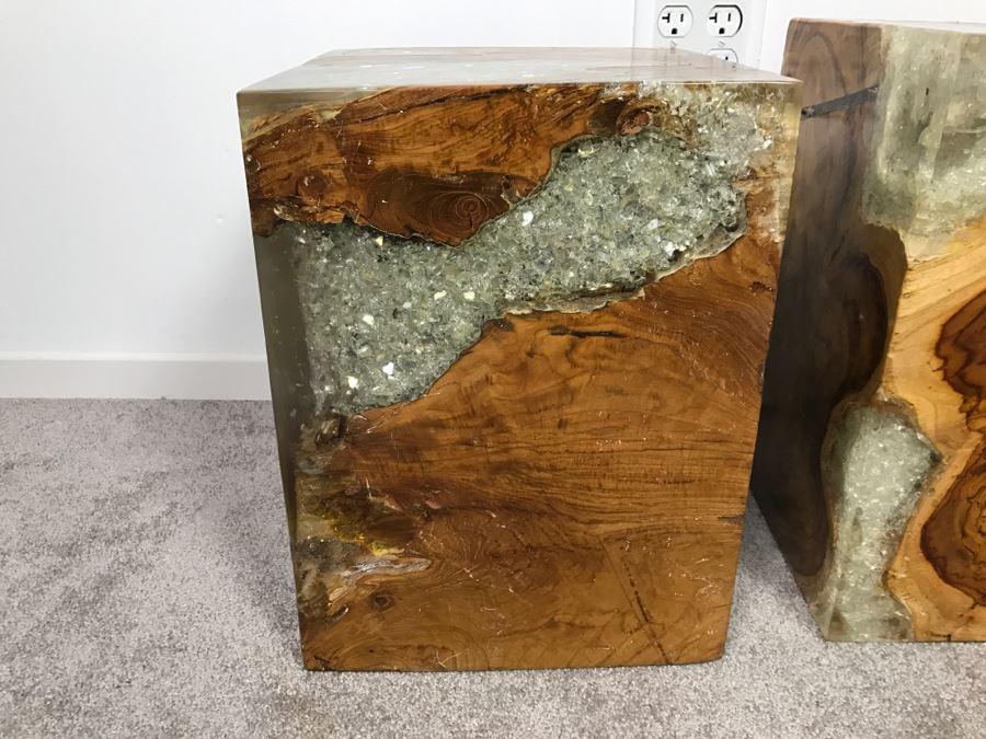 Pair Of Stunning Designer Natural Wood With Crystals Resin Cube Stools Side Tables - This Item Has A Reserve [Photo 11]