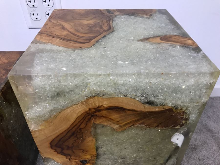 Pair Of Stunning Designer Natural Wood With Crystals Resin Cube Stools Side Tables - This Item Has A Reserve [Photo 18]