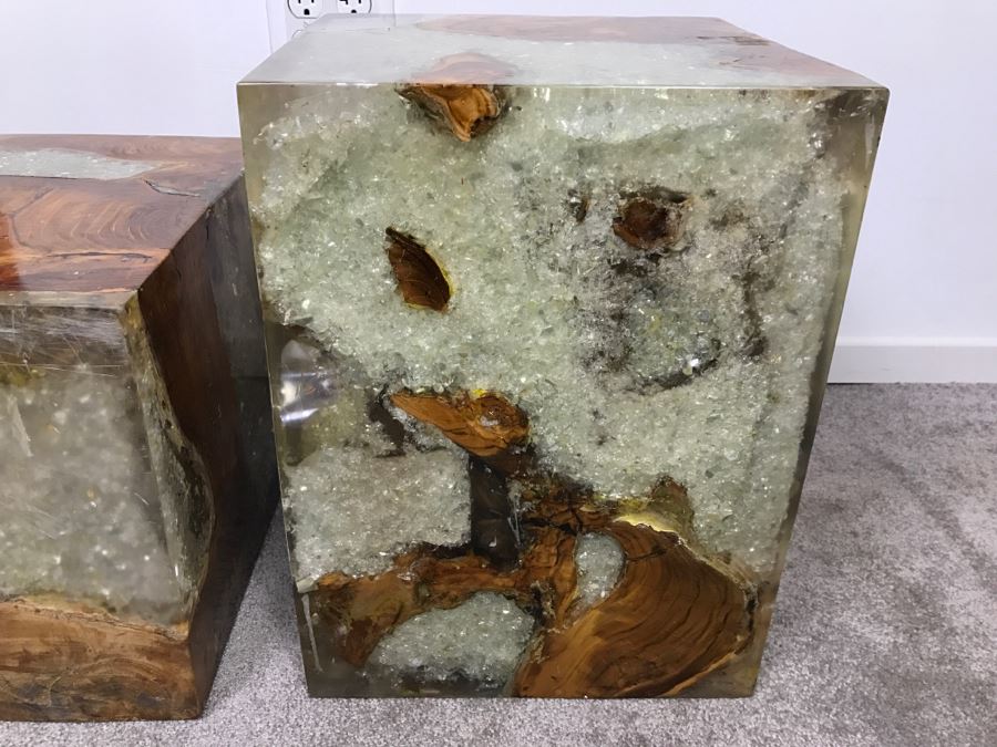 Pair Of Stunning Designer Natural Wood With Crystals Resin Cube Stools Side Tables - This Item Has A Reserve [Photo 22]