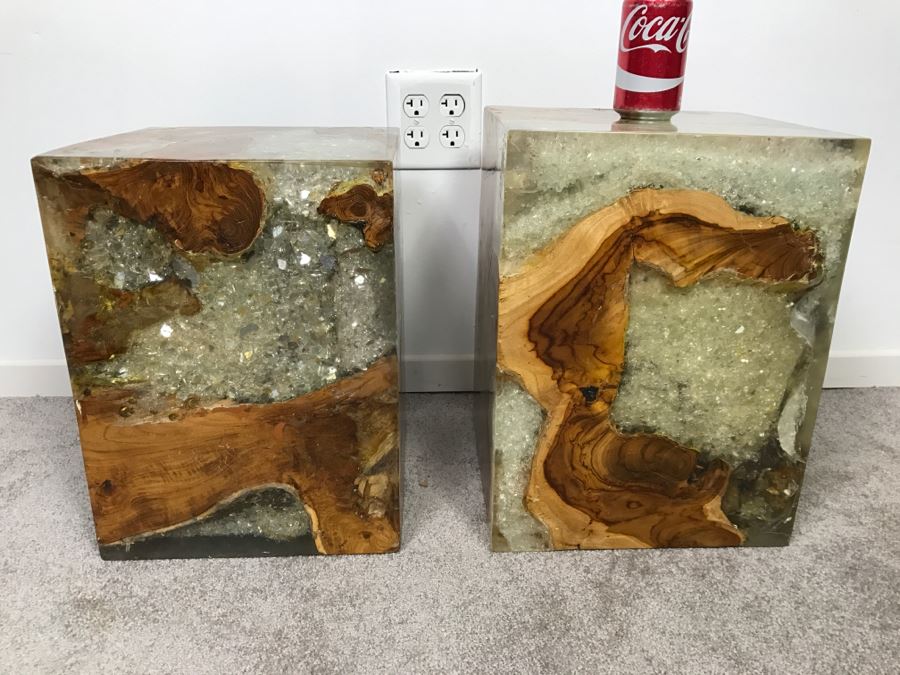 Pair Of Stunning Designer Natural Wood With Crystals Resin Cube Stools Side Tables - This Item Has A Reserve [Photo 1]