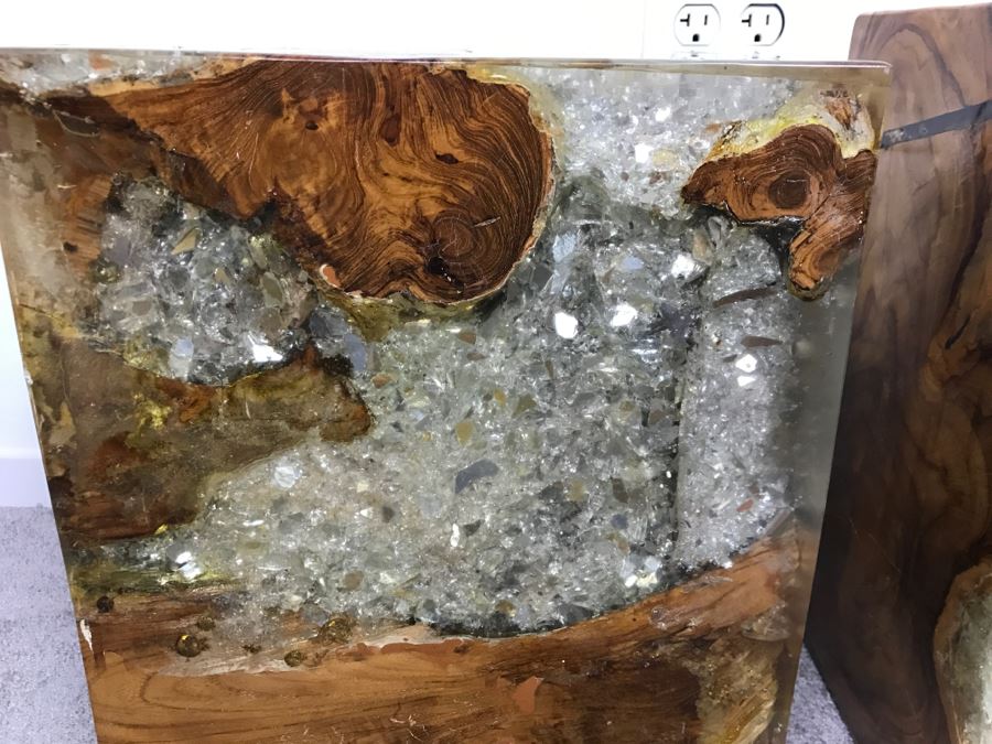 Pair Of Stunning Designer Natural Wood With Crystals Resin Cube Stools Side Tables - This Item Has A Reserve [Photo 4]