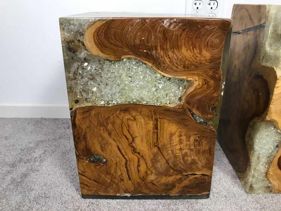 Pair Of Stunning Designer Natural Wood With Crystals Resin Cube Stools Side Tables - This Item Has A Reserve [Photo 14]