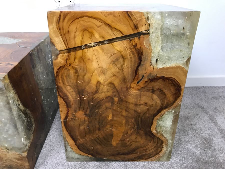 Pair Of Stunning Designer Natural Wood With Crystals Resin Cube Stools Side Tables - This Item Has A Reserve [Photo 20]