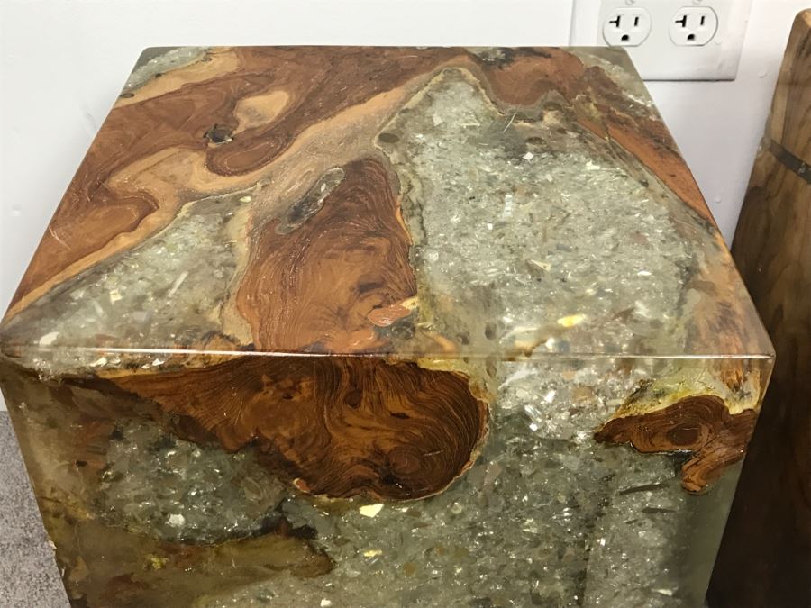 Pair Of Stunning Designer Natural Wood With Crystals Resin Cube Stools Side Tables - This Item Has A Reserve [Photo 8]