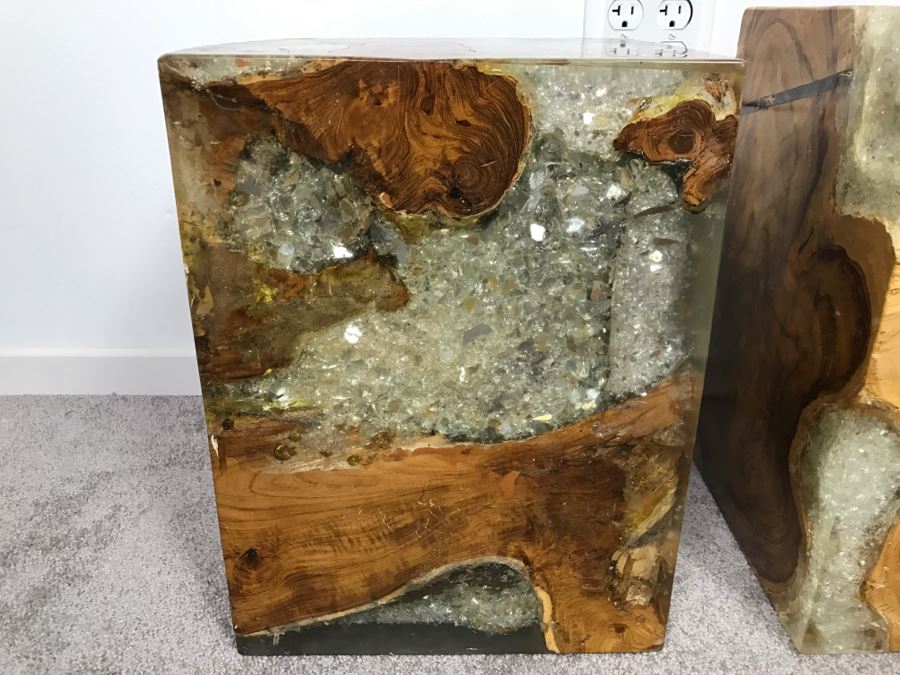 Pair Of Stunning Designer Natural Wood With Crystals Resin Cube Stools Side Tables - This Item Has A Reserve [Photo 3]