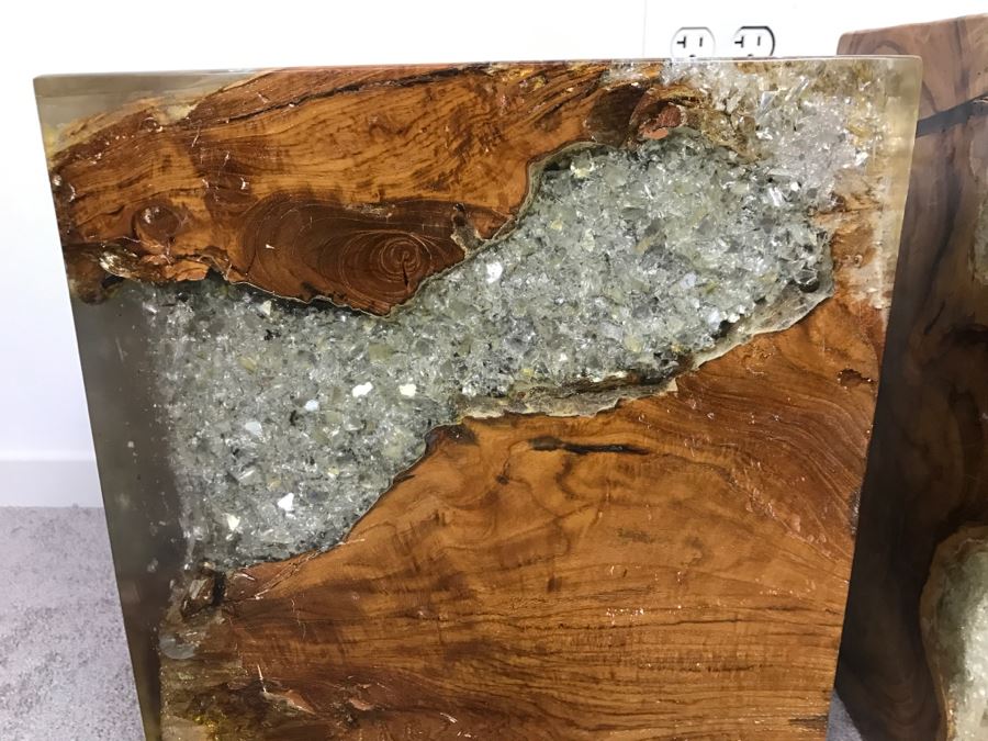 Pair Of Stunning Designer Natural Wood With Crystals Resin Cube Stools Side Tables - This Item Has A Reserve [Photo 12]