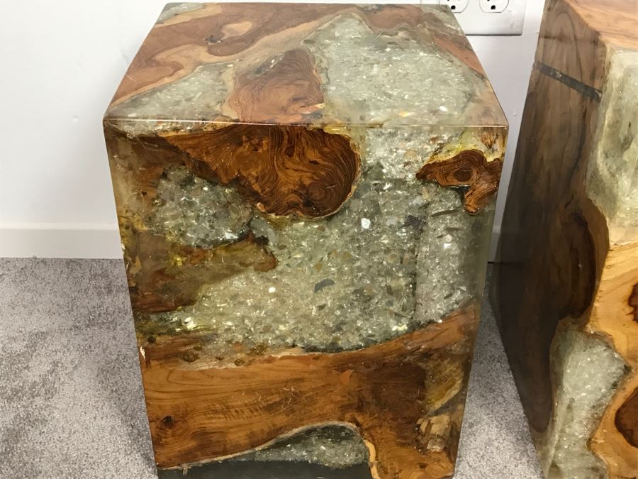 Pair Of Stunning Designer Natural Wood With Crystals Resin Cube Stools Side Tables - This Item Has A Reserve [Photo 9]
