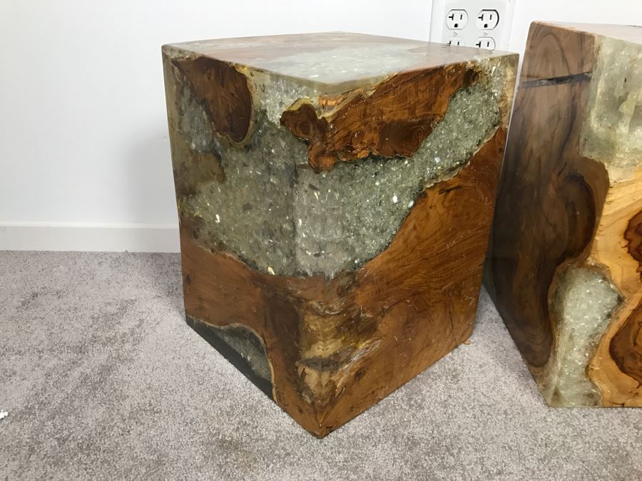 Pair Of Stunning Designer Natural Wood With Crystals Resin Cube Stools Side Tables - This Item Has A Reserve [Photo 10]