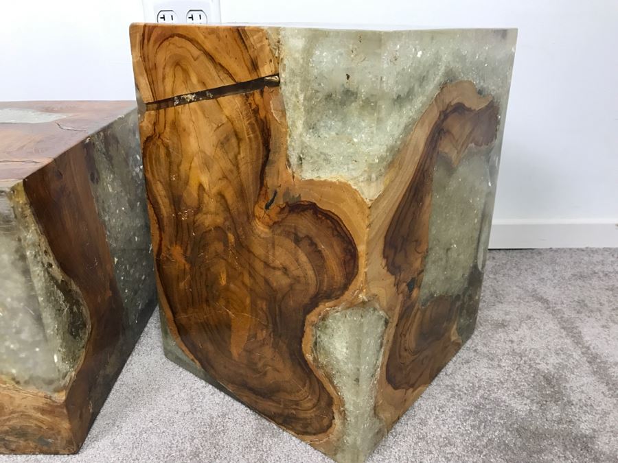Pair Of Stunning Designer Natural Wood With Crystals Resin Cube Stools Side Tables - This Item Has A Reserve [Photo 19]