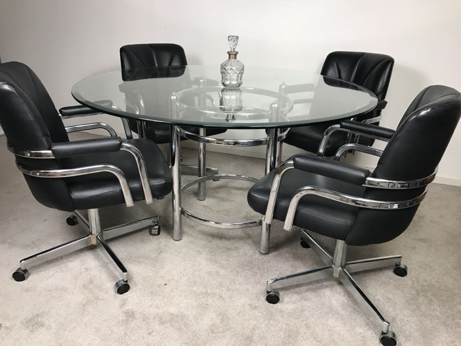 Chromcraft Modernist Chrome Dining Table With (4) Chairs On Casters [Photo 7]