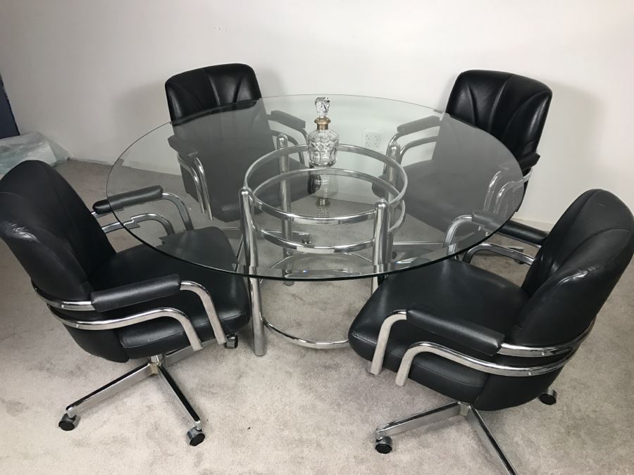 Chromcraft Modernist Chrome Dining Table With (4) Chairs On Casters [Photo 9]