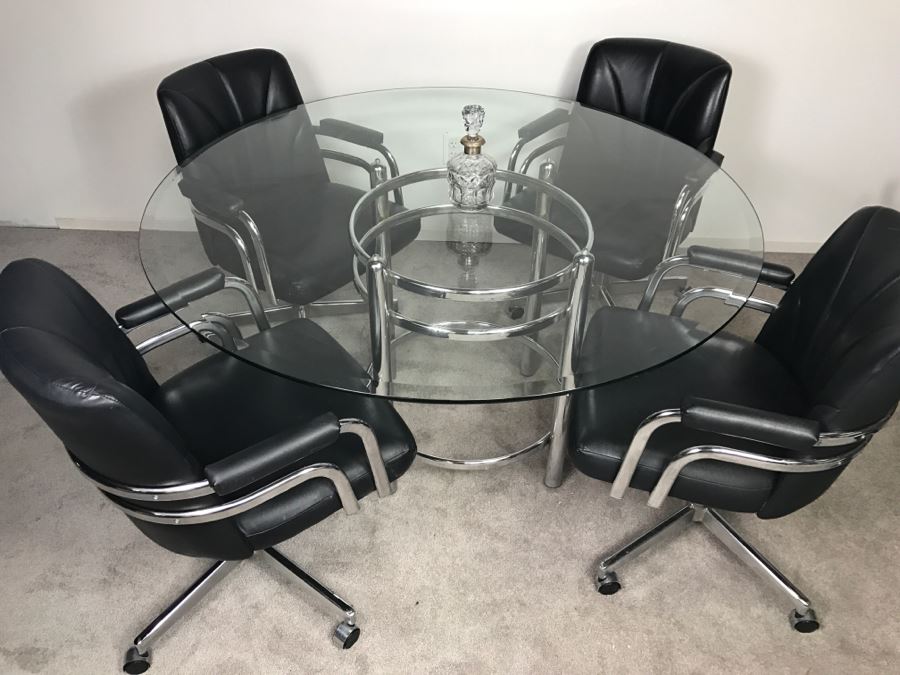 Chromcraft Modernist Chrome Dining Table With (4) Chairs On Casters [Photo 4]