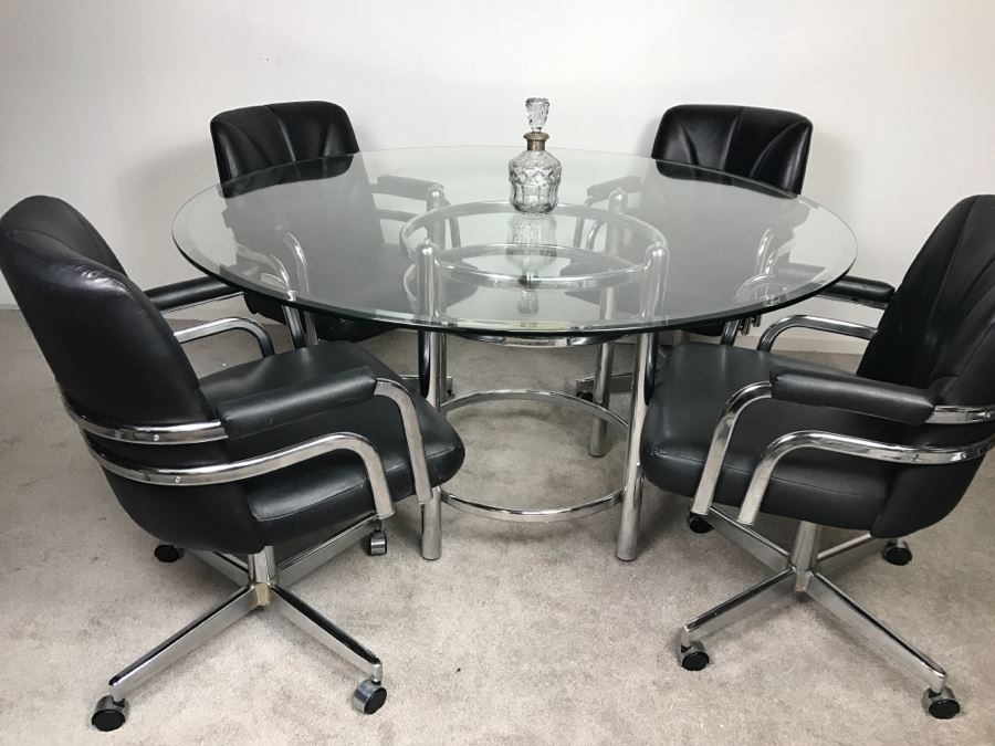 Chromcraft Modernist Chrome Dining Table With (4) Chairs On Casters [Photo 2]