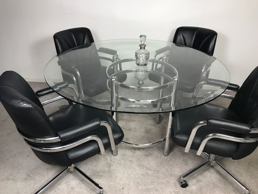 Chromcraft Modernist Chrome Dining Table With (4) Chairs On Casters [Photo 3]