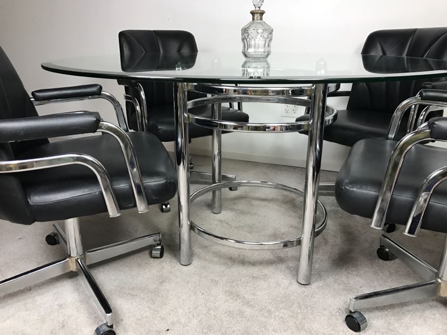 Chromcraft Modernist Chrome Dining Table With (4) Chairs On Casters [Photo 19]