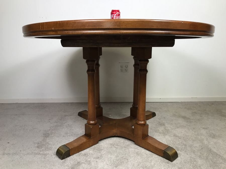 Round Pedestal Dining Table With Geometric Inlay Top [Photo 4]